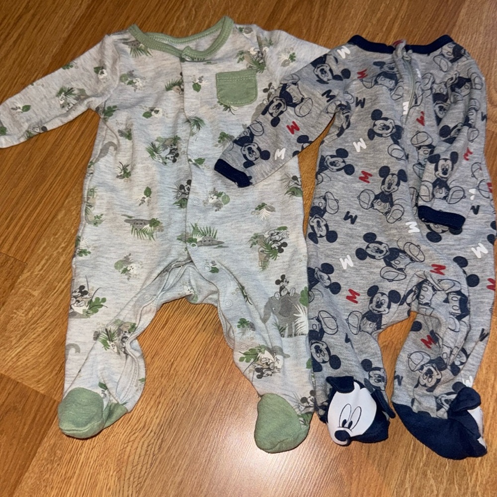Set of 2 0-3 Months Disney Mickey Mouse Footies Green and Blue One Piece